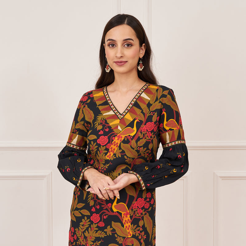 Emerald Green Peacock Printed Side Slit Maxi Dress