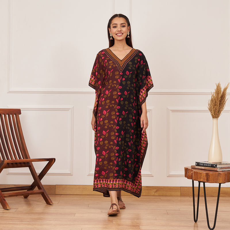 Wine Black Half & Half Leaf Print Kaftan