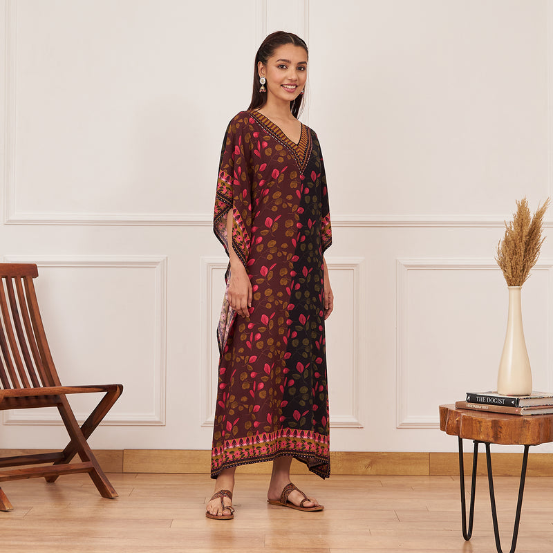 Wine Black Half & Half Leaf Print Kaftan