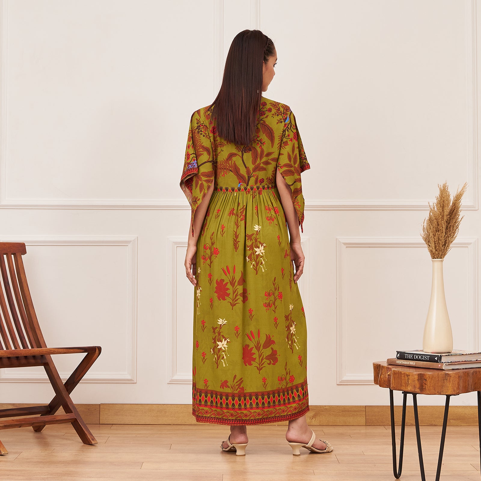 Buy Olive Green Gathered Dress with Flutter Sleeves