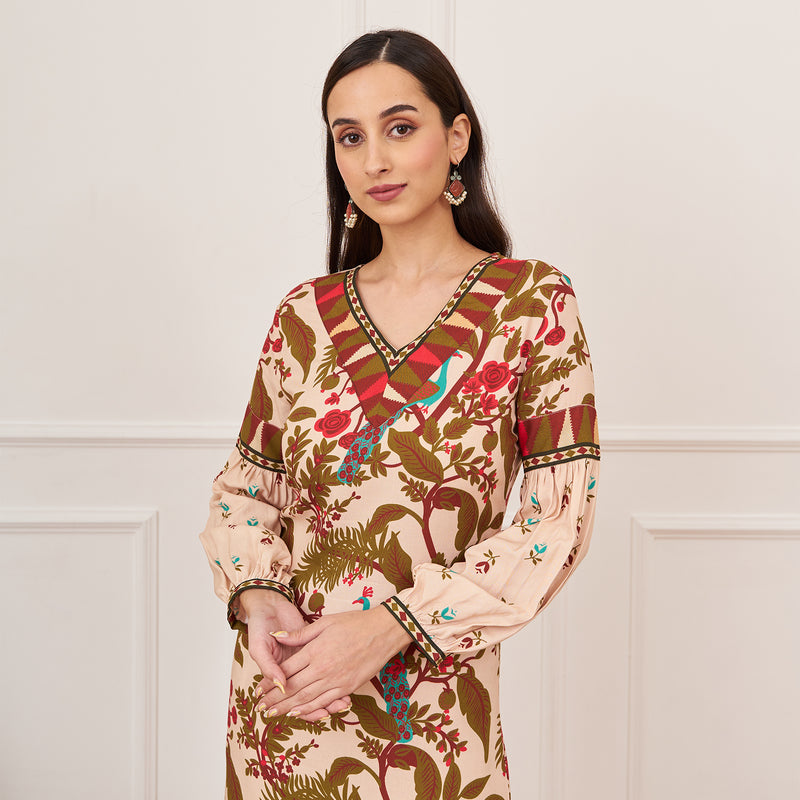 Beige Peacock Printed Side Slit Maxi Dress