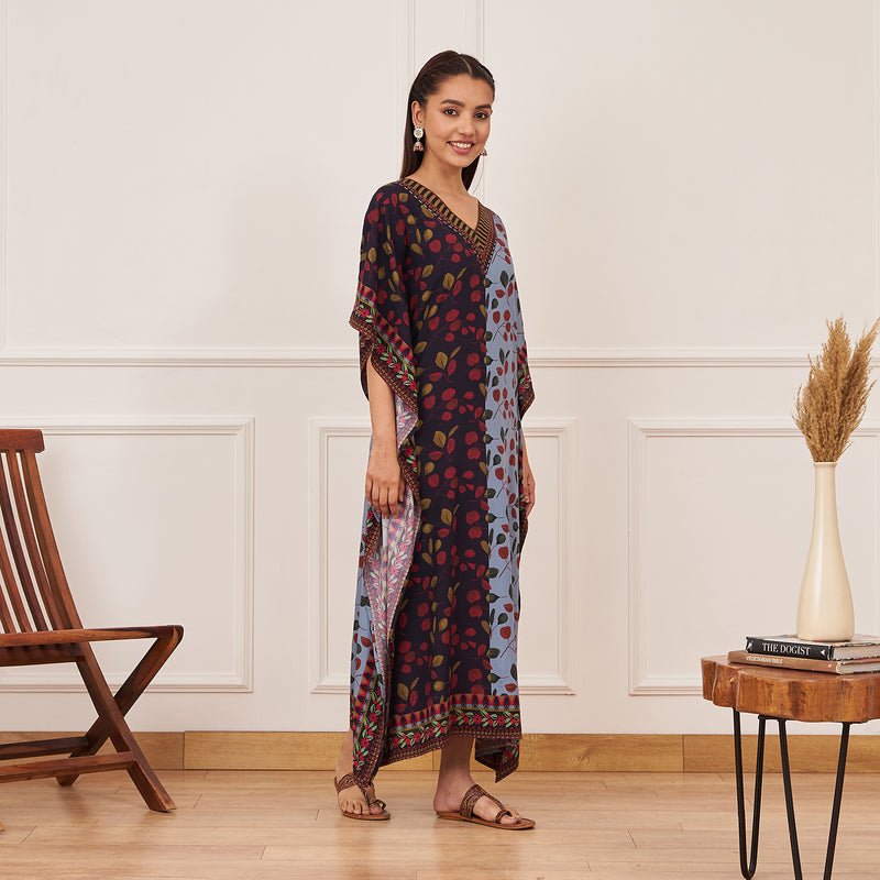 Blue Half & Half Leaf Print Kaftan