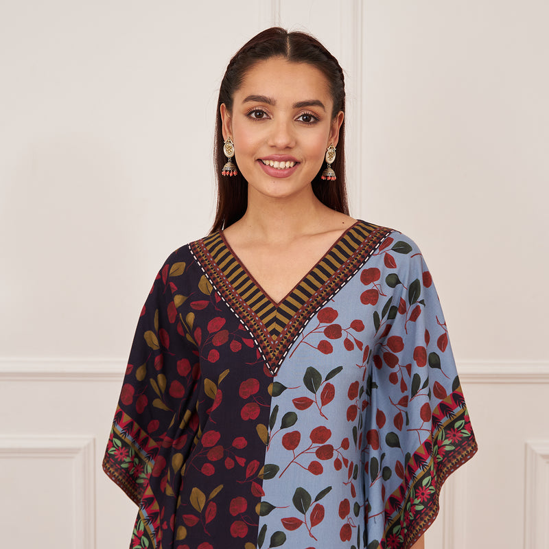 Blue Half & Half Leaf Print Kaftan