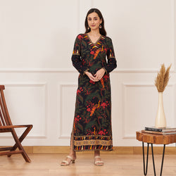 Black Peacock Printed Side Slit Maxi Dress