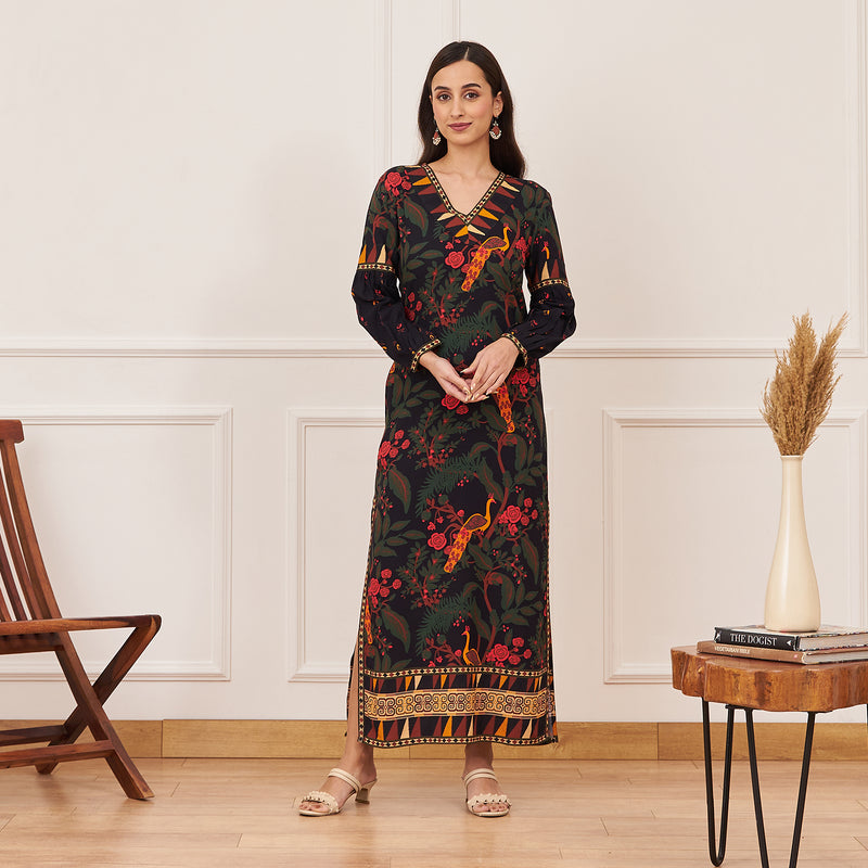 Black Peacock Printed Side Slit Maxi Dress