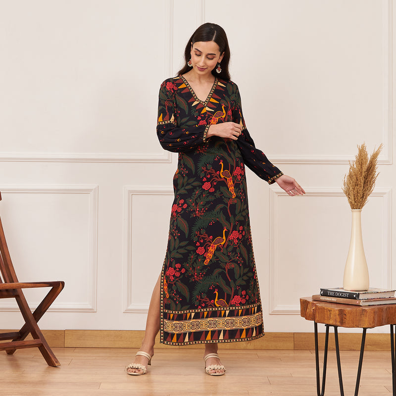 Black Peacock Printed Side Slit Maxi Dress