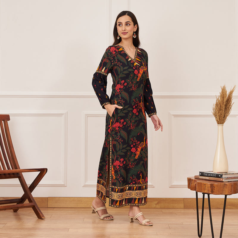 Black Peacock Printed Side Slit Maxi Dress