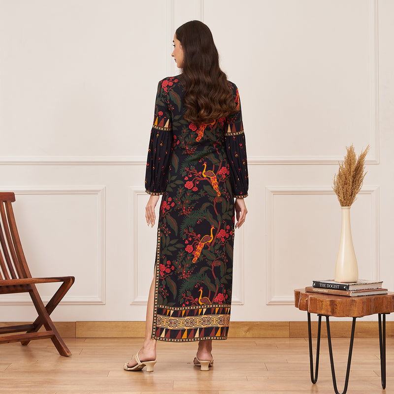 Black Peacock Printed Side Slit Maxi Dress