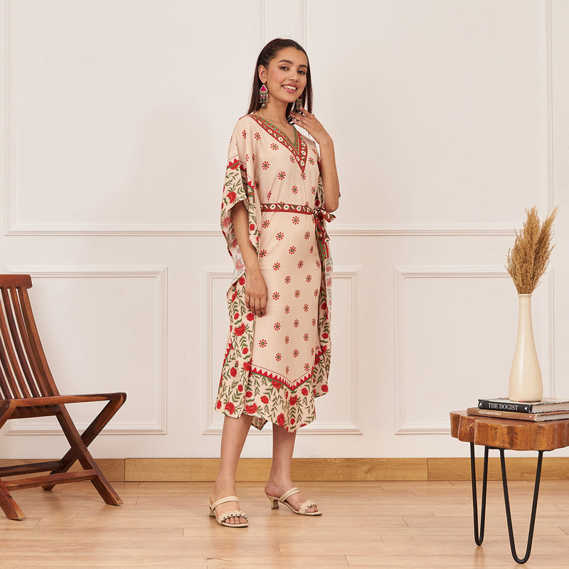 Beige Floral Kaftan Dress with Belt