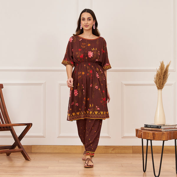 Brown Floral Drawstring Kurta Salwar Set