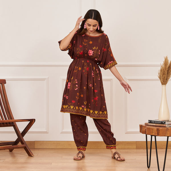 Brown Floral Drawstring Kurta Salwar Set