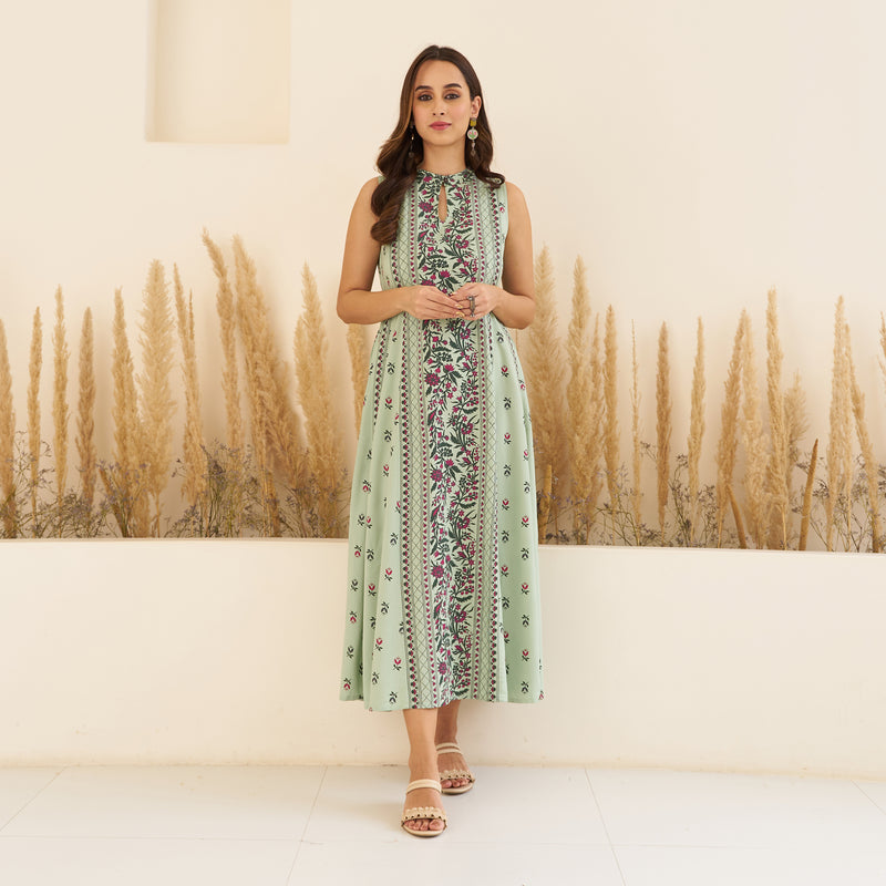 Mint Green Floral Mandarin Collar Dress