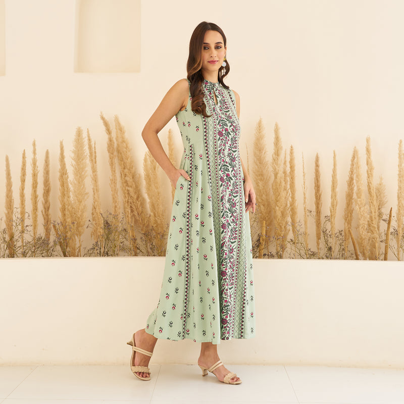 Mint Green Floral Mandarin Collar Dress