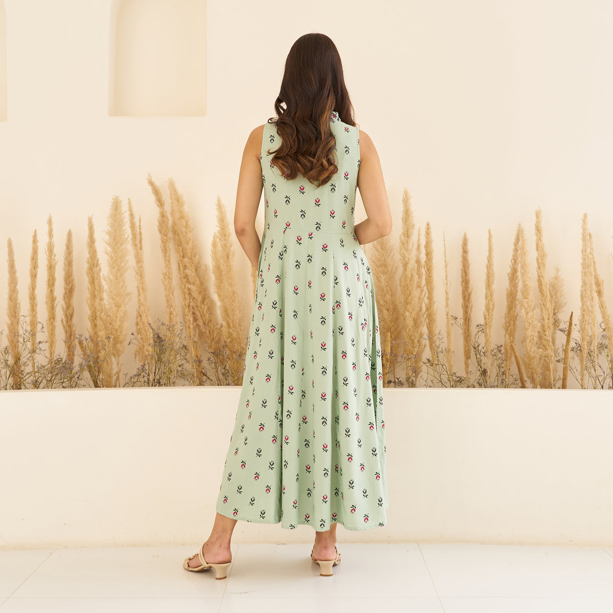 Mint Green Floral Mandarin Collar Dress