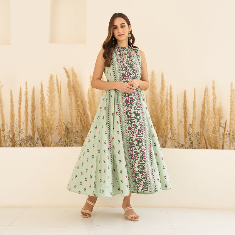 Mint Green Floral Mandarin Collar Dress