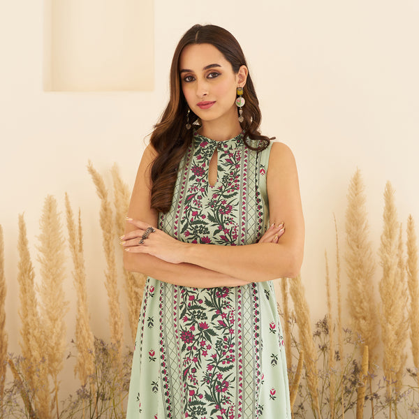 Mint Green Floral Mandarin Collar Dress