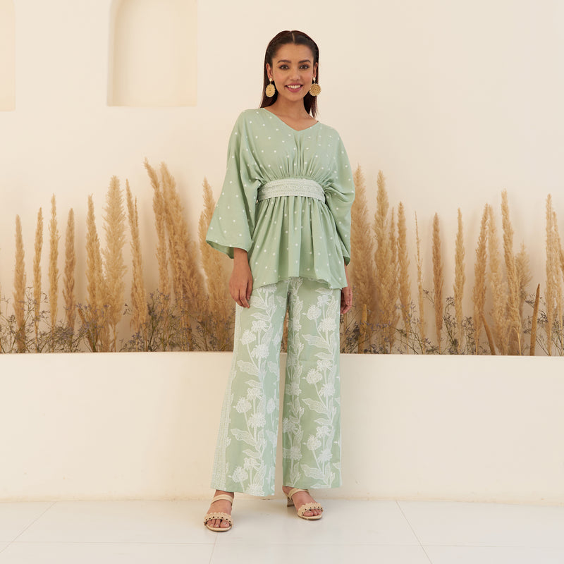 Mint Green Gathered Top and Pant Set with Belt