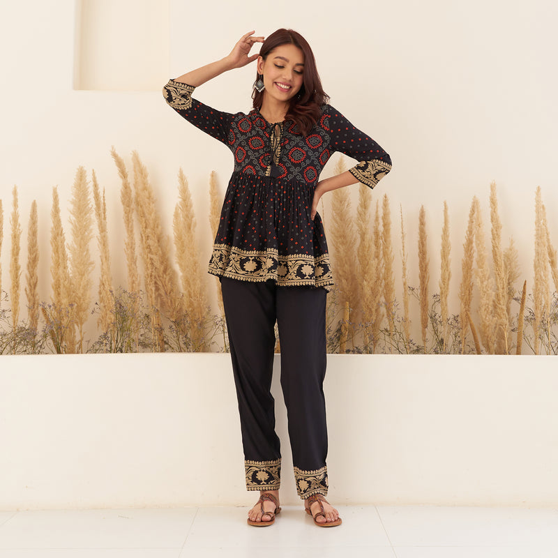 Black Bandhani Peplum Top with Pants