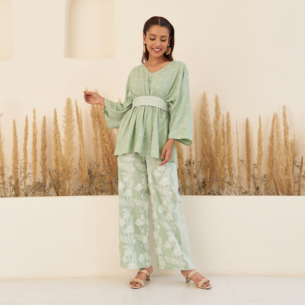 Mint Green Gathered Top and Pant Co-ord Set with Belt