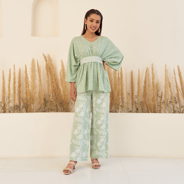 Mint Green Gathered Top and Pant Co-ord Set with Belt
