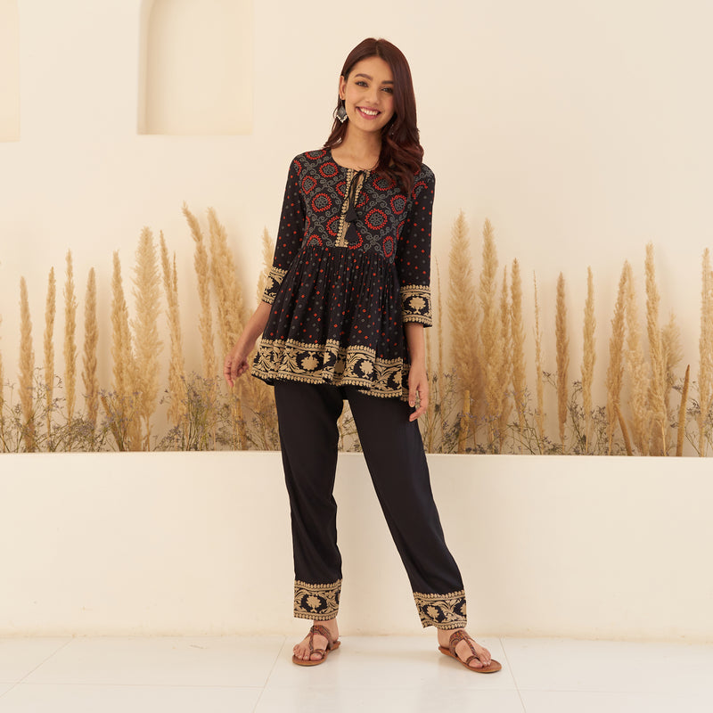 Black Bandhani Peplum Top with Pants