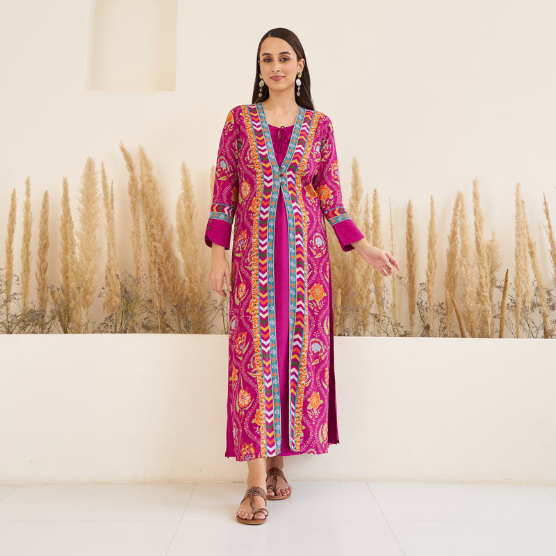 Wine Side Slit Dress with Long Shrug