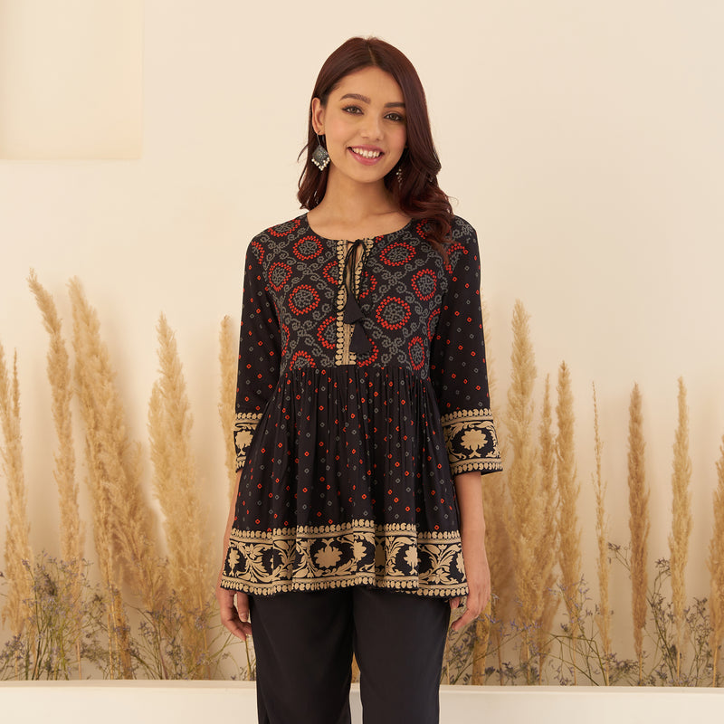 Black Bandhani Peplum Top with Pants