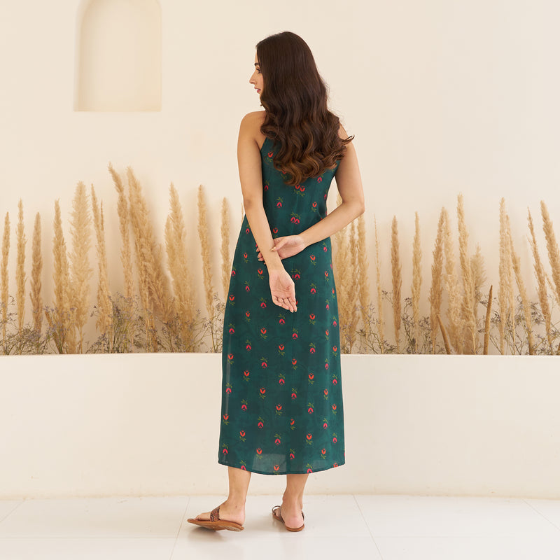Emerald Green A-Line Spaghetti Dress with Floral Shrug