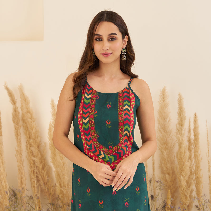 Emerald Green A-Line Spaghetti Dress with Floral Shrug
