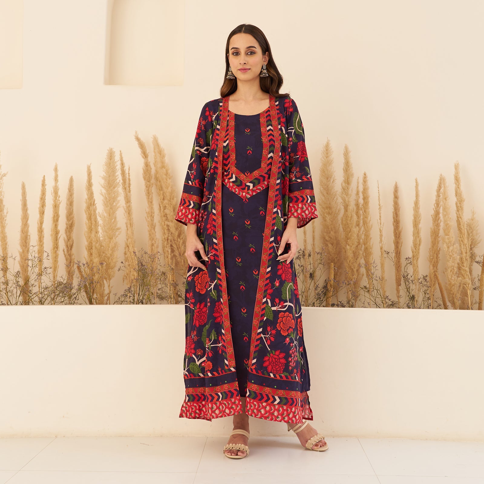 Buy Navy Blue A-Line Spaghetti Dress with Floral Shrug