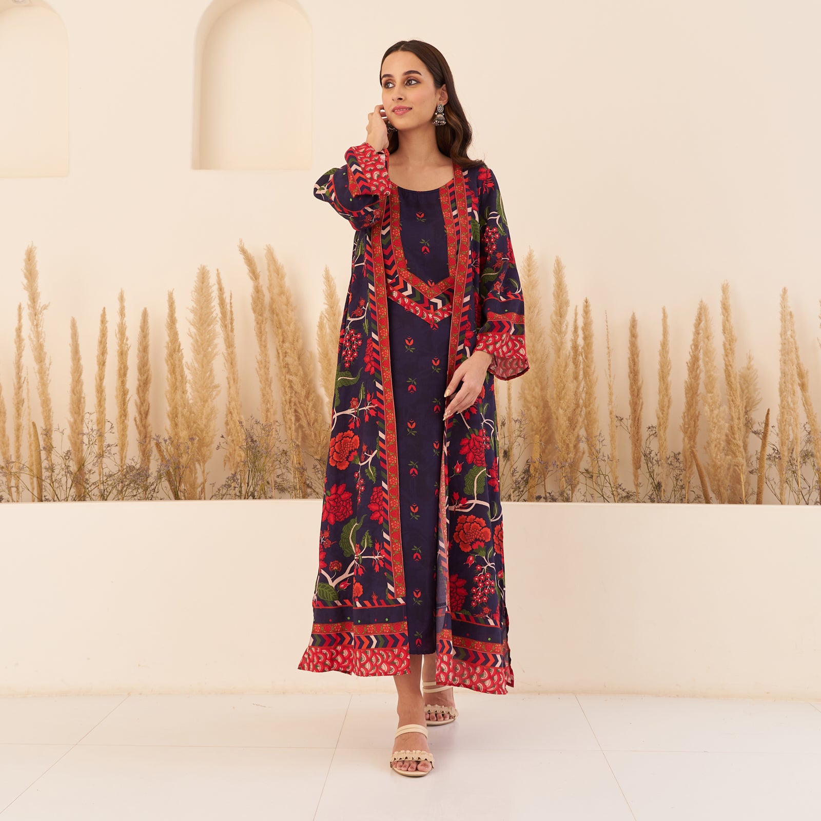 Buy Navy Blue A-Line Spaghetti Dress with Floral Shrug