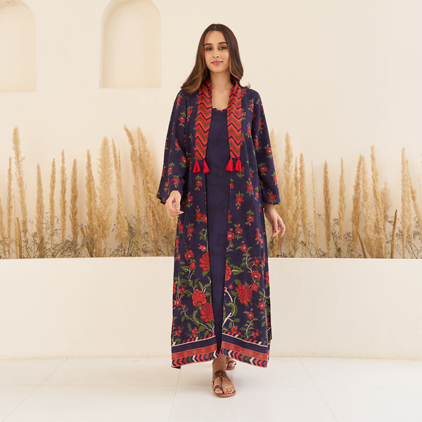 Navy Blue Spaghetti Drees with Long Floral Shrug