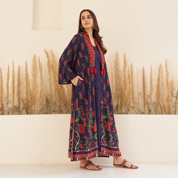 Navy Blue Spaghetti Drees with Long Floral Shrug