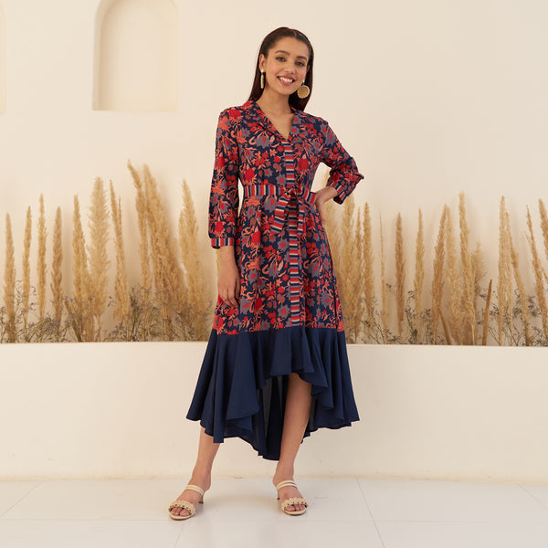 Navy Blue Floral Collar Shirt Dress with Flared Hem