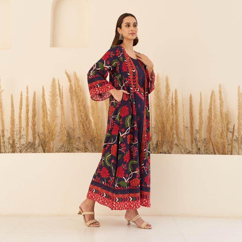 Buy Navy Blue A Line Spaghetti Dress with Floral Shrug Rustorange