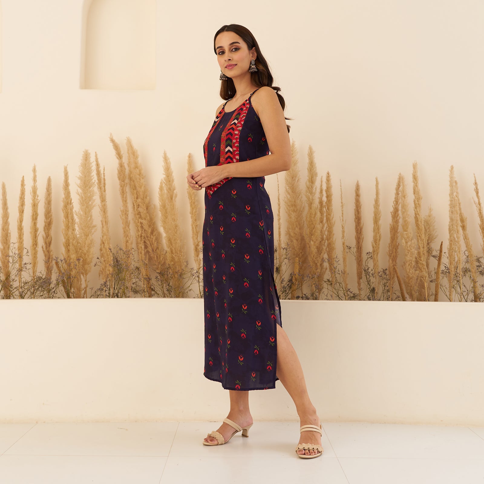 Buy Navy Blue A-Line Spaghetti Dress with Floral Shrug | Rustorange
