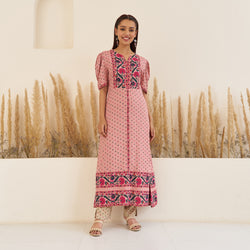 Baby Pink Bandhani Inspired Kurta Pant Set with Puff Sleeves