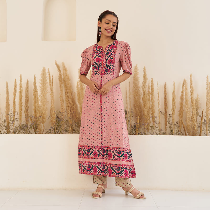 Baby Pink Bandhani Inspired Kurta Pant Set with Puff Sleeves