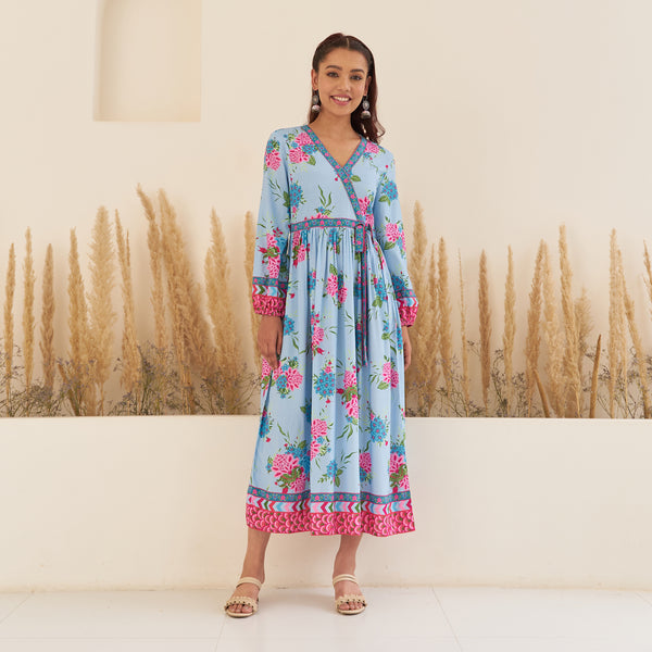 Sky Blue Floral Angrakha Dress with Border Detailing