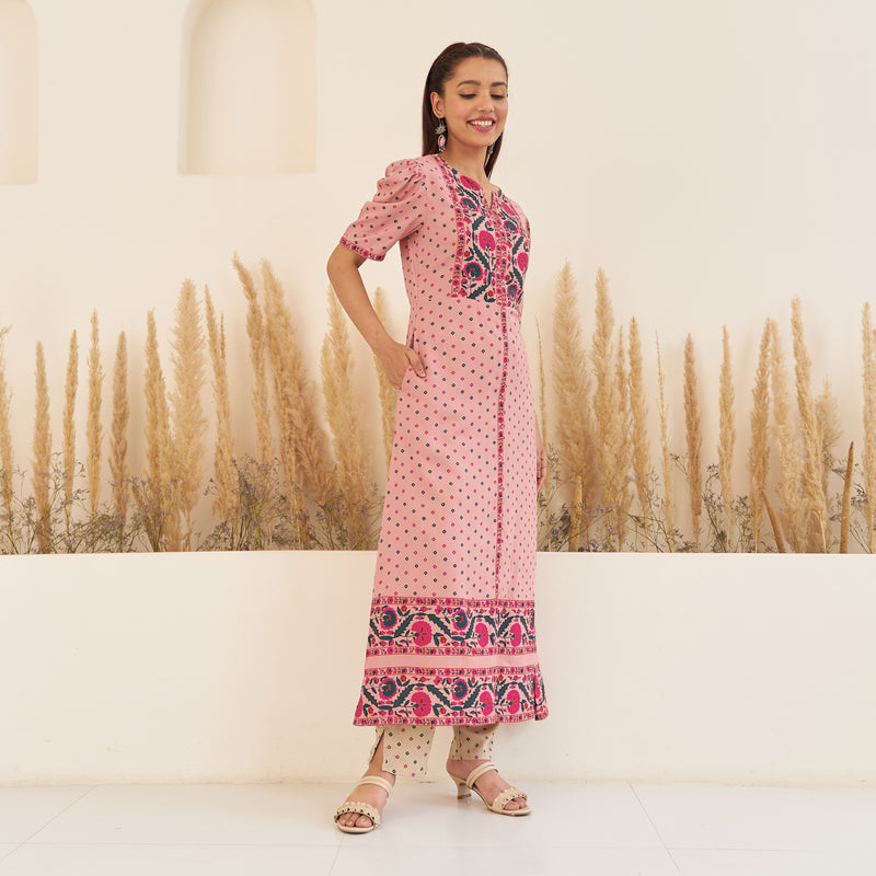 Baby Pink Bandhani Inspired Kurta Pant Set with Puff Sleeves