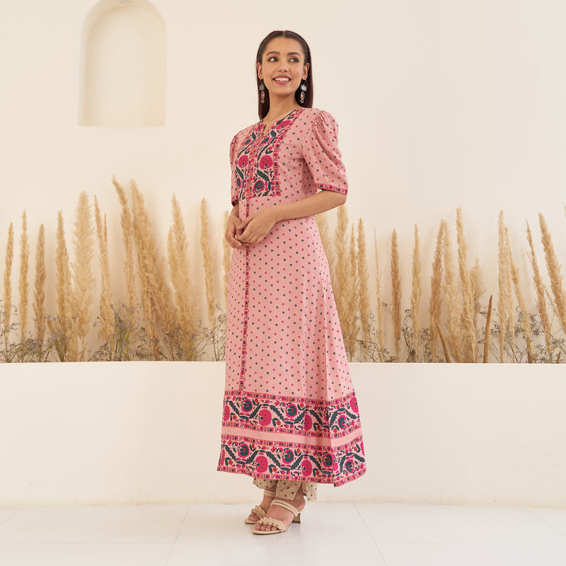 Baby Pink Bandhani Inspired Kurta Pant Set with Puff Sleeves