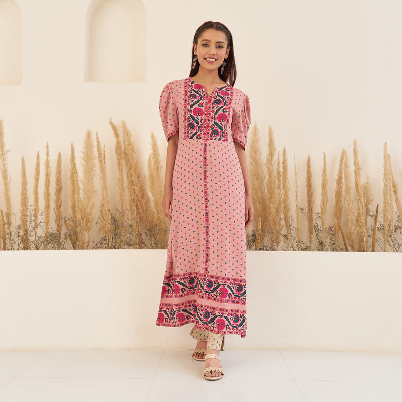 Baby Pink Bandhani Inspired Kurta Pant Set with Puff Sleeves