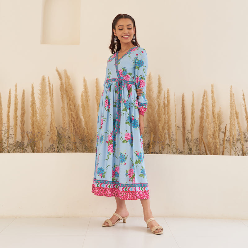 Sky Blue Floral Angrakha Dress with Border Detailing