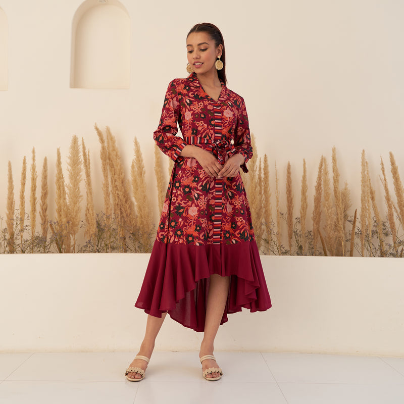 Maroon Floral Collar Shirt Dress with Flared Hem