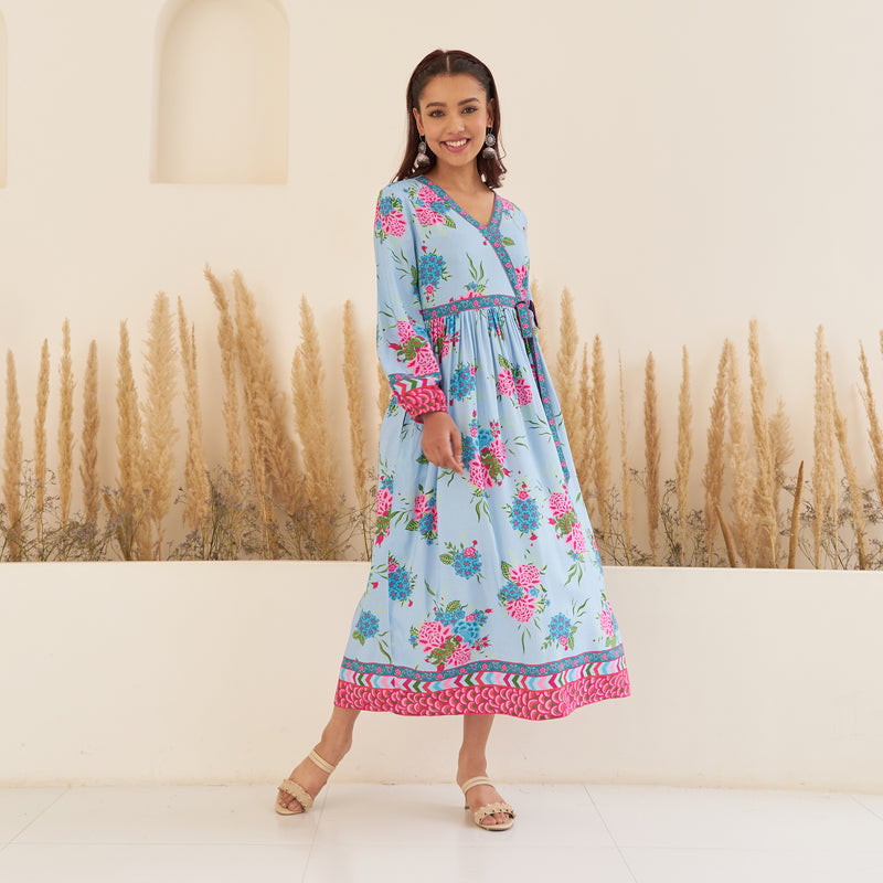 Sky Blue Floral Angrakha Dress with Border Detailing