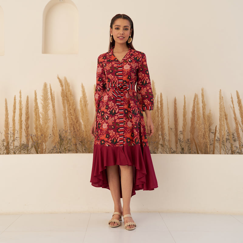 Maroon Floral Collar Shirt Dress with Flared Hem