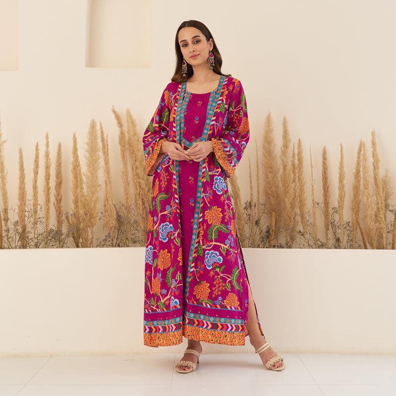 Wine A-Line Spaghetti Dress with Floral Shrug