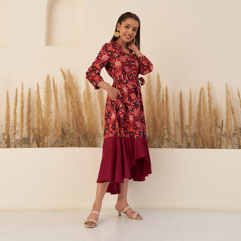 Maroon Floral Collar Shirt Dress with Flared Hem