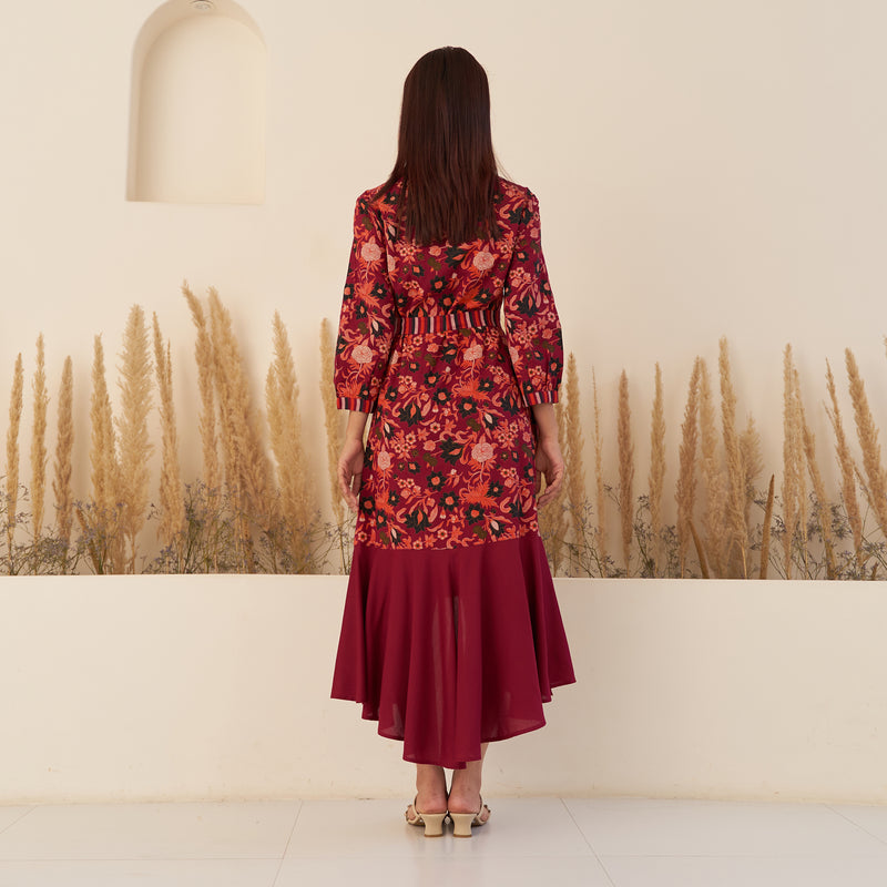 Maroon Floral Collar Shirt Dress with Flared Hem