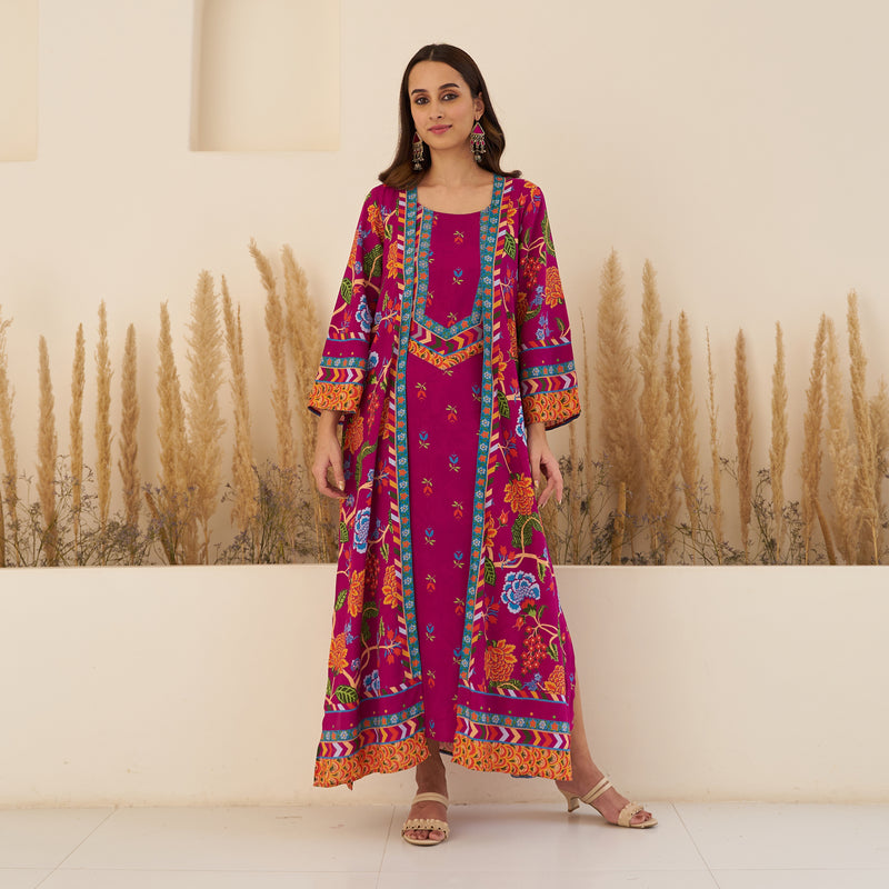 Wine A-Line Spaghetti Dress with Floral Shrug